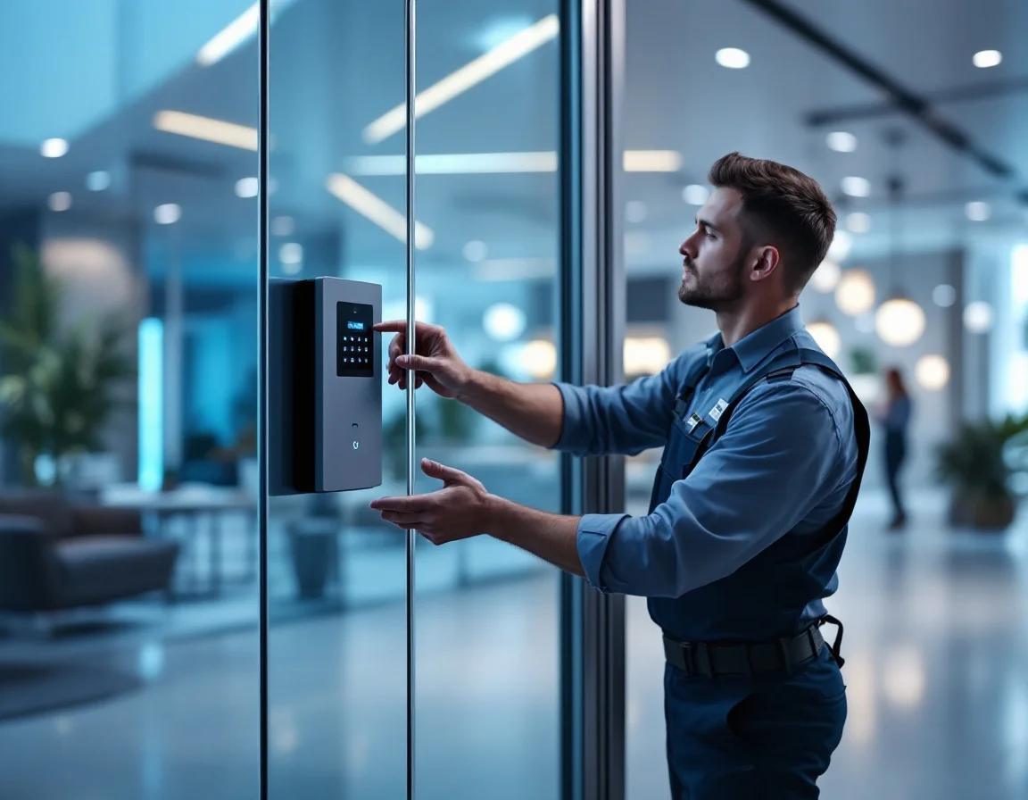 Commercial locksmith installing access control hardware on a glass office door