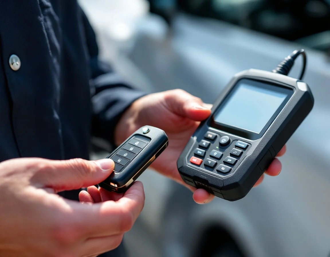 Auto locksmith programming a car key fob next to a vehicle