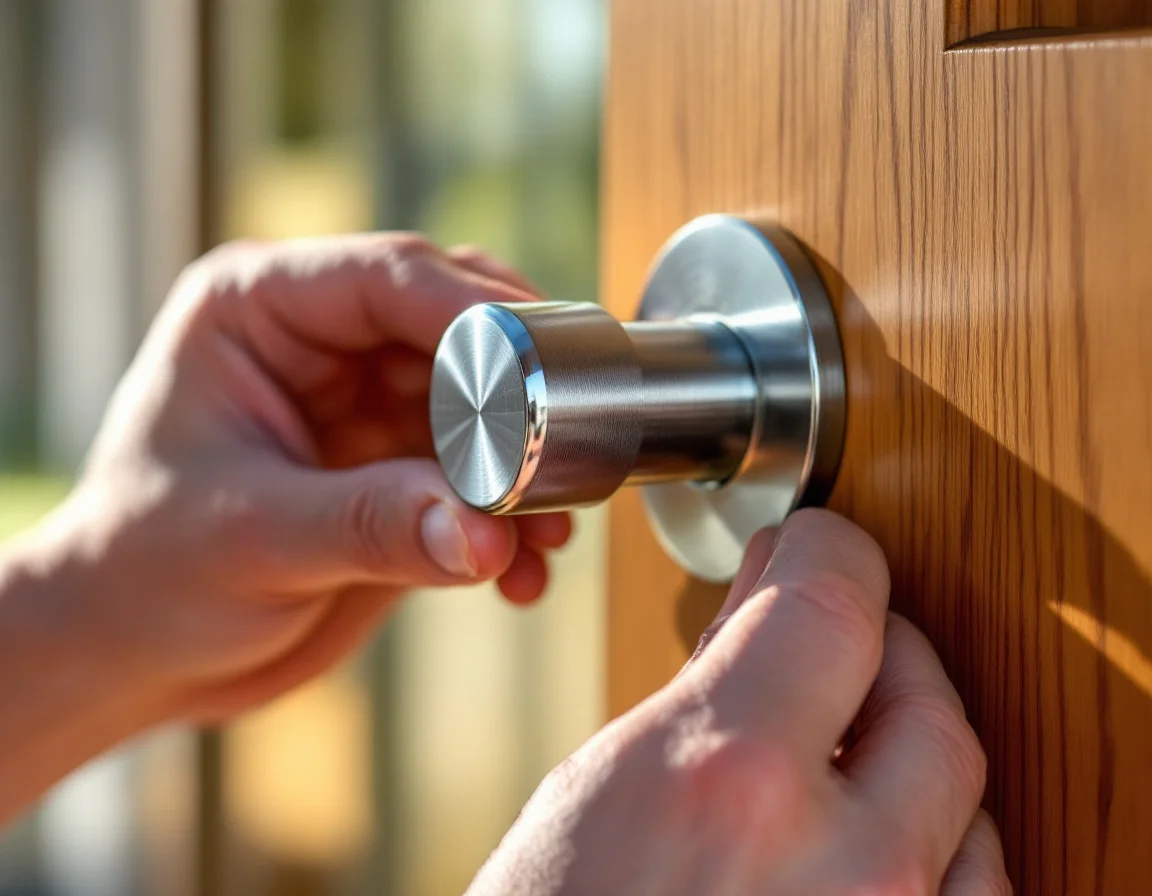 Hands installing a grade-1 deadbolt on a wooden front door
