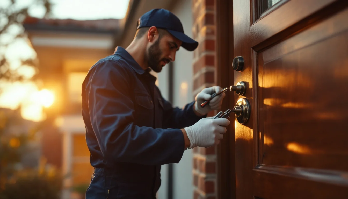 EJ Locksmith technician in a service van helping a customer with a door lock in Los Angeles at dusk