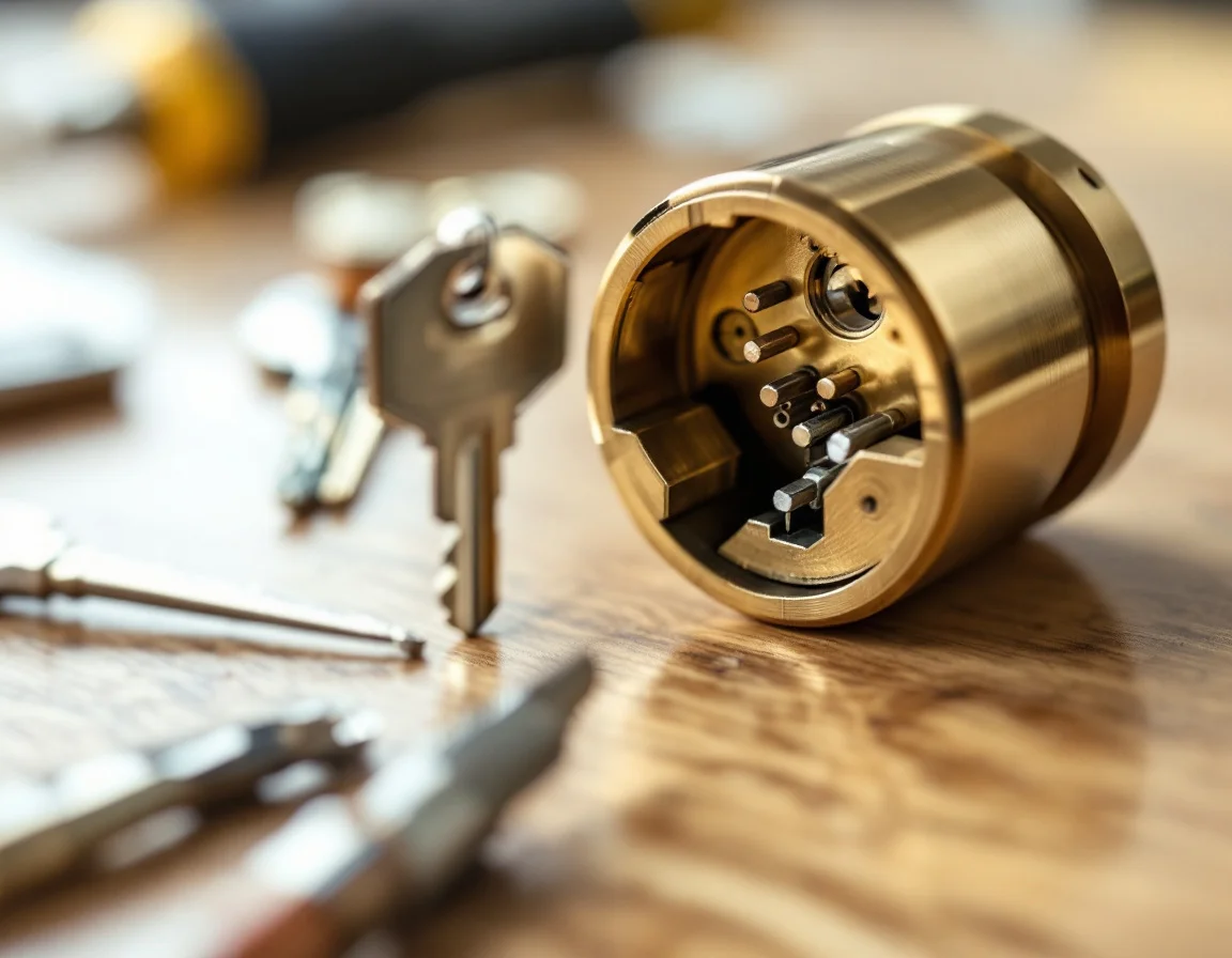 Close-up of a locksmith rekeying a door lock cylinder with pins and tools
