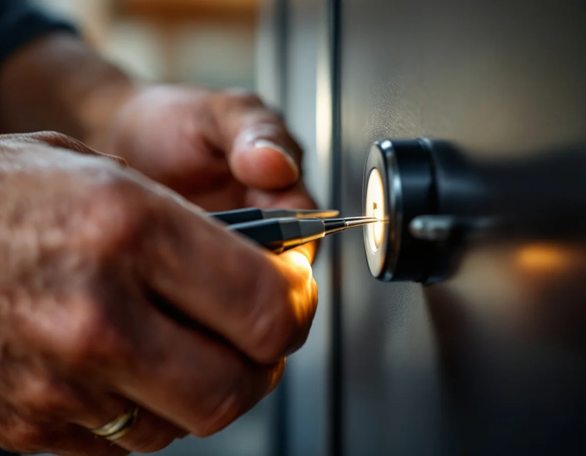 Locksmith opening a home safe with professional tools